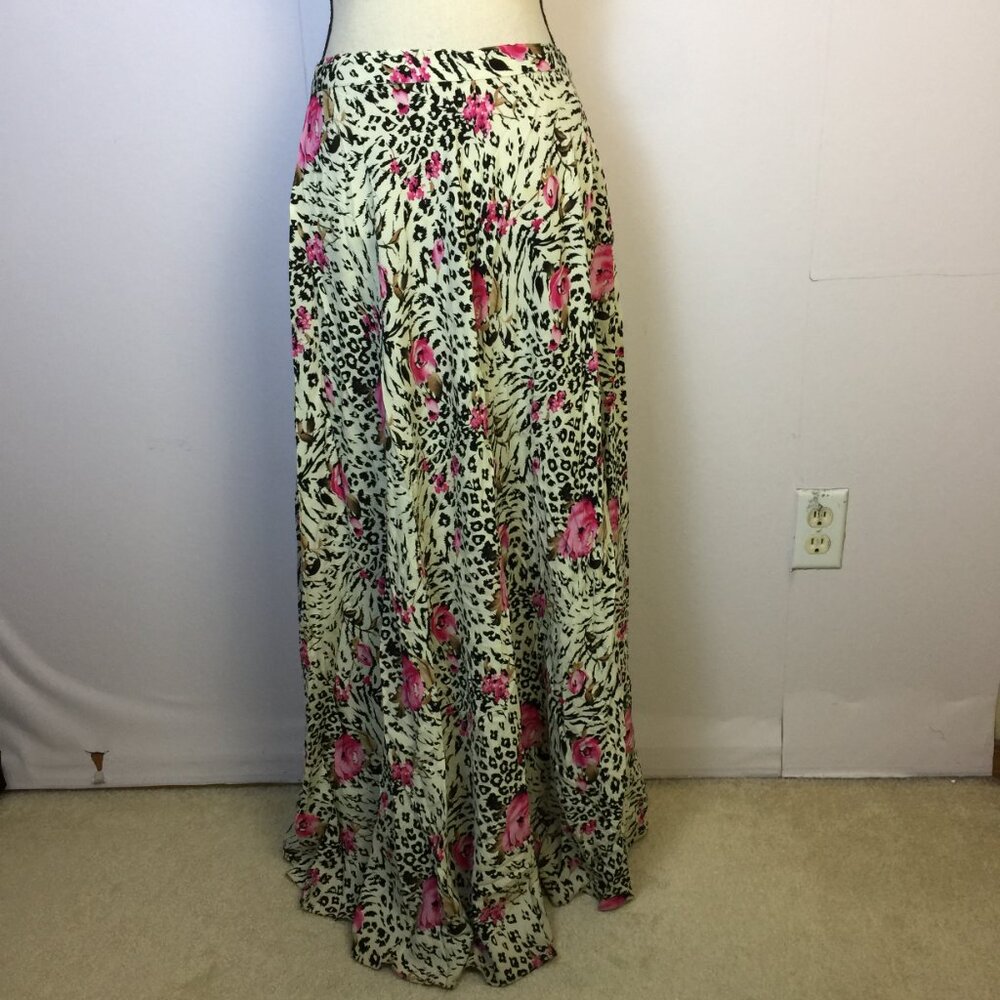 Neeru Kumar Maxi Skirt Sz S Womans White Black Pink Animal Floral Elastic Waist